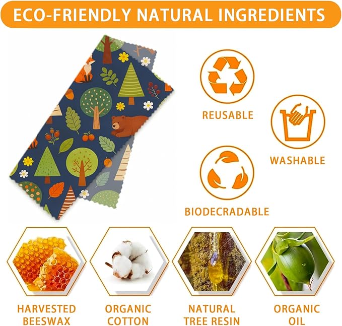 LENARKU Reusable Beeswax Wrap, 9 Pack Eco-Friendly Food Storage, Organic Cotton, Sustainable, Zero Waste, Plastic-Free, Sandwich & Snack Covers, 1XL, 3M, 5S, Forest Animals & Nature Pattern