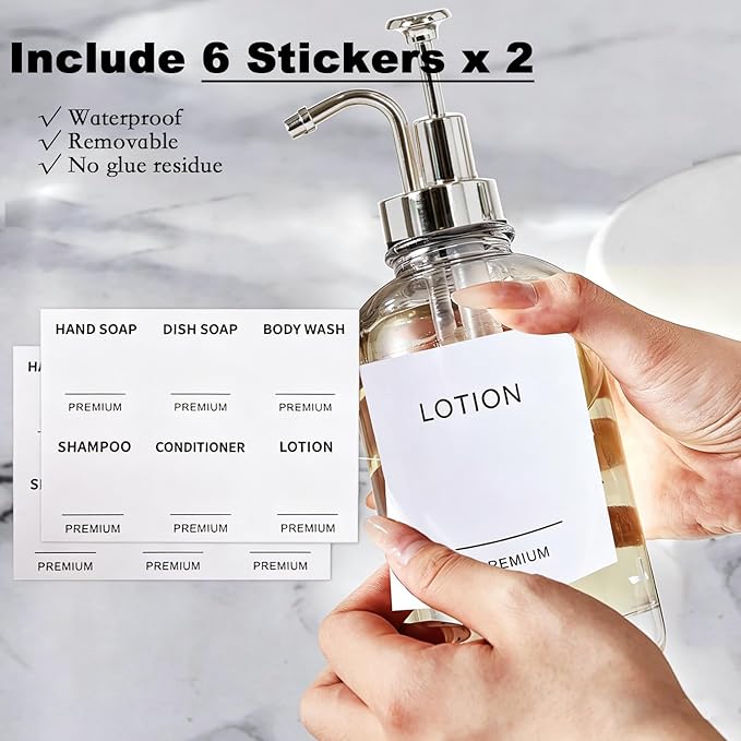 12oz Dish Soap Dispenser for Kitchen, Hand Glass Soap Dispenser Set with Pump, Tray, Funnel for Bathroom, Shower, Laundry, Liquid, Lotion (Silver 2 Pack Clear Bottles with 12 Stickers)