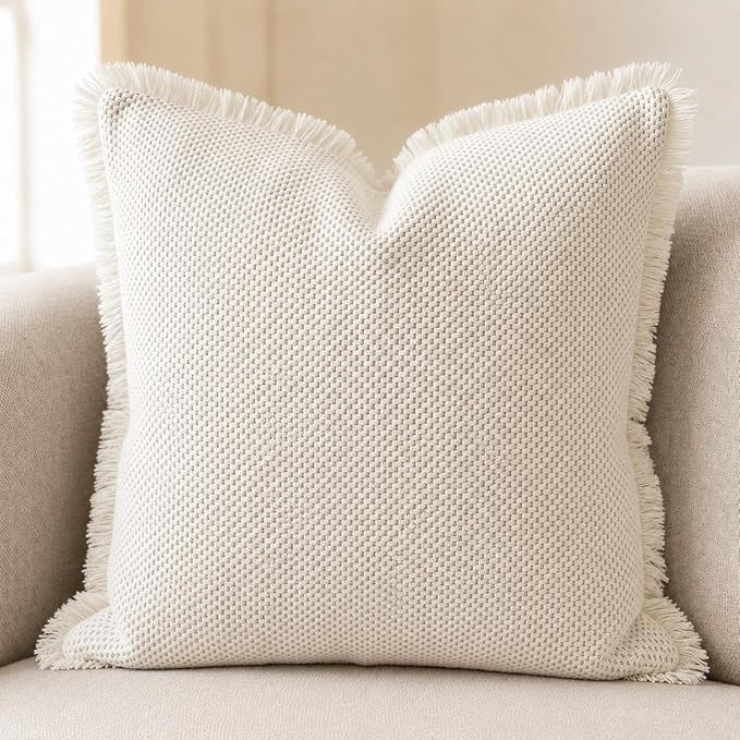 SanVia Cotton Throw Pillow Covers 20x20 – Handwoven Jacquard Texture, Fade-Resistant, No Pilling – Hidden Zipper, Decorative Cushion Cover for Sofa, Couch, Bed – Insert Not Included (Farmhouse, White)