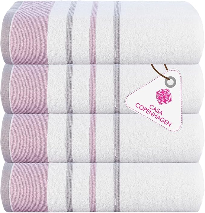 CASA COPENHAGEN White Bay 4Pcs 100% Egyptian Cotton Large Designer Towels Gift Set- Grey - Purple, 600 GSM, 55"x27", 4Bath Towels for Bathroom (Box Pack, Set for Women & Men)