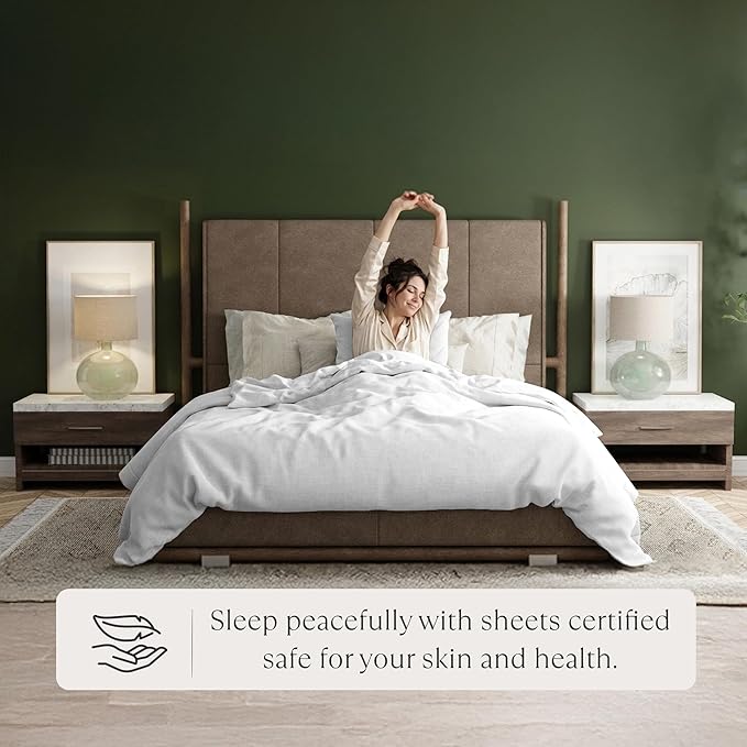 Delilah Home 100% Organic Cotton Queen Flat Sheet Set, GOTS & Vegan.org Verified, Long Stem 300 TC Sateen Bedding, Non-Synthetic, Deep Pocket Fitted Linen, Lightweight, All-Season, 4 Piece Set - White
