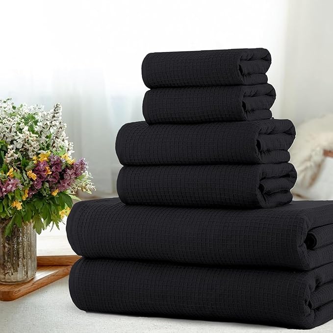 CASA COPENHAGEN Waffle 6Pcs 100% Egyptian Cotton Large Designer Towels Gift Set- Coal-Black, 2Bath 2Hand 2Washcloths, Bath Towels for Bathroom (Box Pack, Gift Set for Women & Men)
