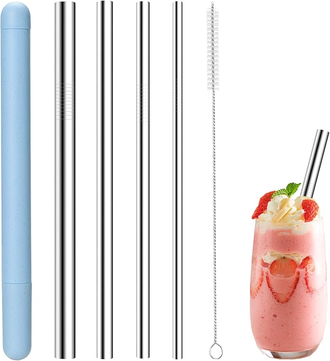 4-Pack Stainless Steel Straw Set - 215mm (8.5") Length, 6/8/10/12mm (0.24"/0.31"/0.39"/0.5") Diameters - Fits Coffee, Smoothies & All Cup Sizes - Reusable & Dishwasher Safe(Blue)