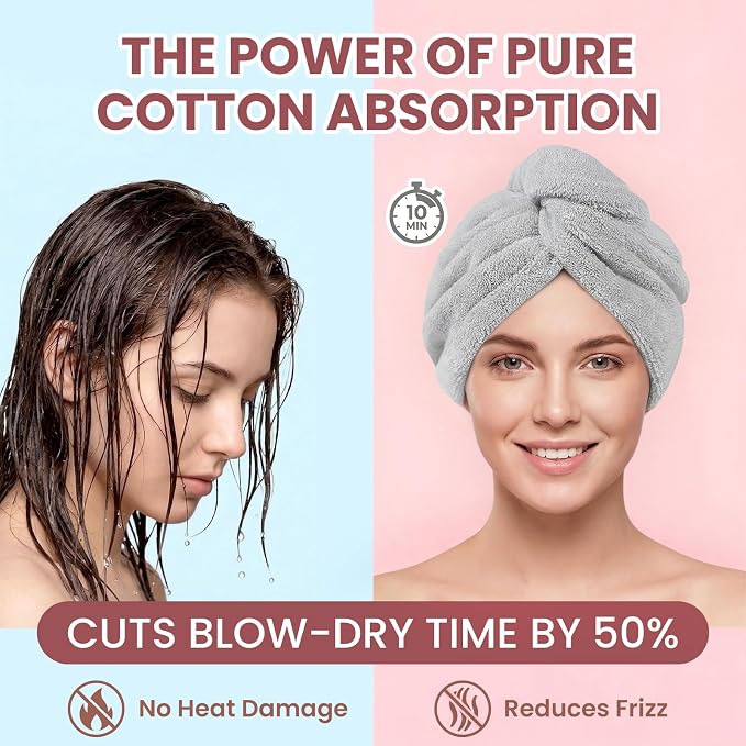 Mandydov 100% Cotton Hair Towel Wrap for Women, 2 Pack Thickened & Super Absorbent Turbans, Anti Frizz Quick Dry Hair Towels (Pink, Gray)