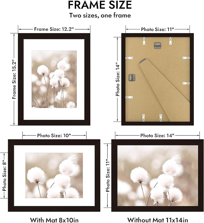 Hongkee 11x14 Oak Wood Picture Frame, Display Photos 8 x 10 with Mat or 11 x 14 without Mat - Tempered Glass Cover, Horizontal and Vertical Display for Wall or Tabletop (Black, Set of 1)
