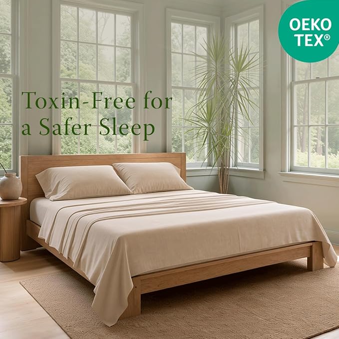 Threadmill 100% Organic Cotton Twin Sheet Set - GOTS Certified, 3 Piece, Beige - Soft and Breathable Sheets with All-Round Elastic Deep Pocket for Snug Fit, Healthy Bedding Set