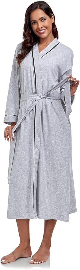 COLORFULLEAF 100% Cotton Women's Robes Summer Lightweight Kimono Soft Long Cotton Bathrobe for Women with Pockets