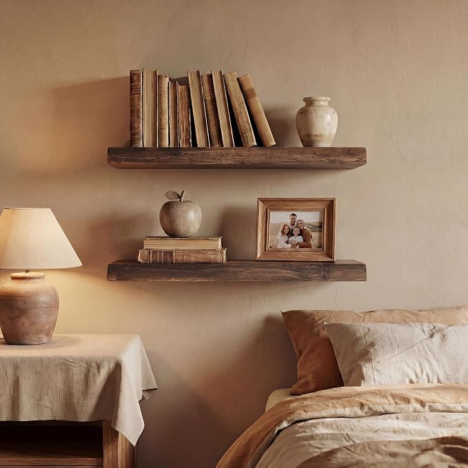 24" Live Edge Floating Shelves, Solid Elm Wood Wall Shelf Set of 2 | 1.4" Extra Thick, 9.3" Deep Heavy Duty Storage, FSC Certified, Vintage Weathered Finish for Kitchen & Coffee Bar