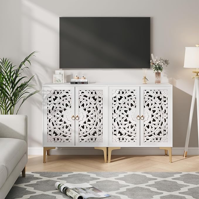 JOINICE 31.5" White Accent Cabinet with Carved Doors & Storage, Set of 2 | Carved Floral Design, Boho, Versatile Storage for Living Room & Bedroom & Hallway & TV Stand, Adjustable Shelf, Easy Assembly