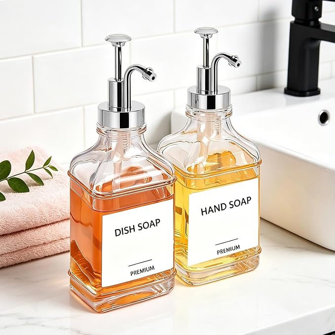 Dish Soap Dispenser for Kitchen, Hand Glass Soap Dispenser Set with Pump, Funnel for Bathroom, Shower, Laundry, Liquid, Lotion (Silver 2 Pack 18 Oz Clear Bottles with 12 Stickers)