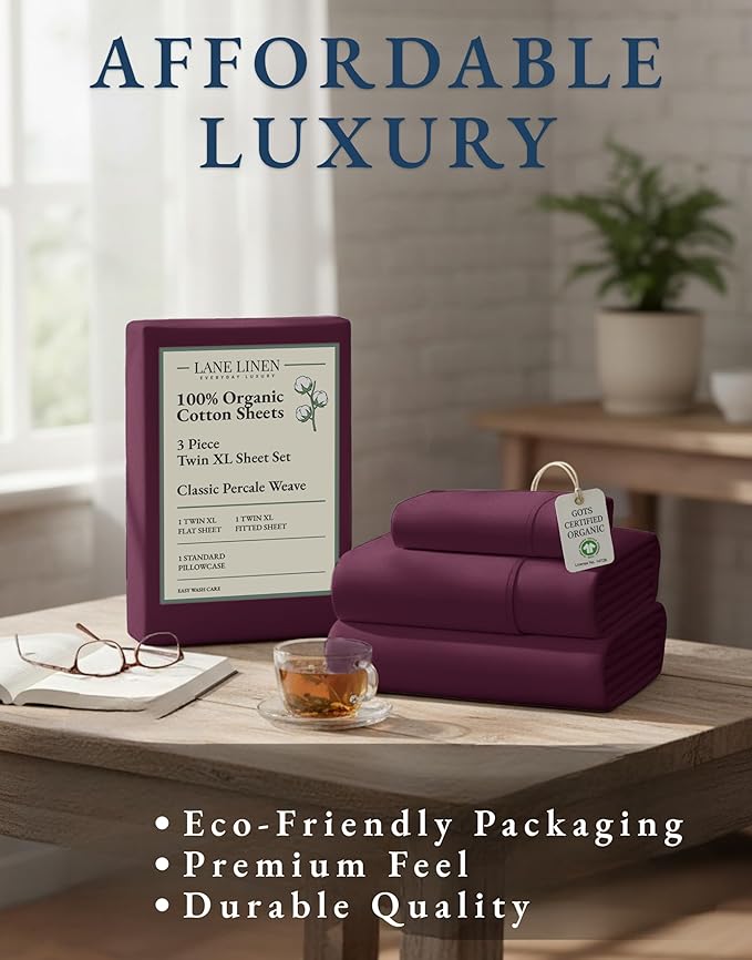 LANE LINEN 100% Organic Cotton Eco Friendly Sustainably Produced Twin XL Sheet Set, Mercerized Soft & Comfy Extra Long Twin Bedding Set, Naturally Cooling Cotton Sheets- Windsor Wine