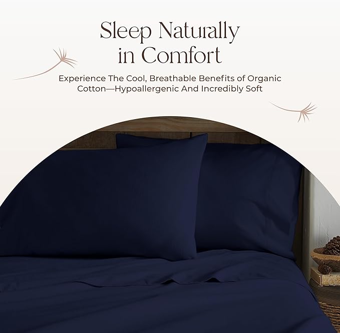 100% Organic Flannel Sheets Queen Size - GOTS Certified 100% Cotton Flannel Sheets Set with Comfortable Soft Brushed Finish & Deep Pocket - 1 Flat 1 Fitted & 2 Pillowcases (Navy, Queen)