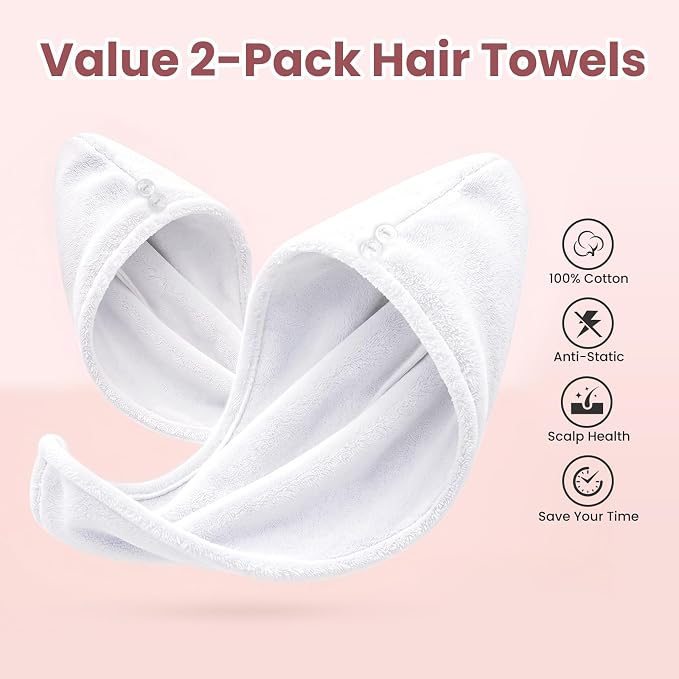 Mandydov 100% Cotton Hair Towel Wrap for Women, 2 Pack Thickened & Super Absorbent Turbans, Anti Frizz Quick Dry Hair Towels (White)