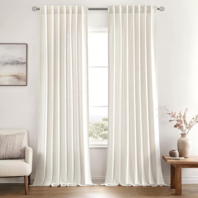 MIULEE Non-See-Through Privacy Linen Curtains 2 Panels, Light Filtering Window Curtains Farmhouse Textured Back Tab Semi Sheer Drapes for Bedroom Living Room, 52 x 90 Inches Long, Natural White