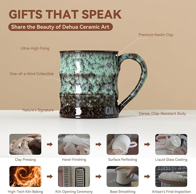 Unique Reactive Glaze Ceramic Coffee Mug - 15 oz Large Coffee Cup with Ergonomic Large Handle, Forest Green Ceramic Mug for Office & Home, Great Birthday Gift for Women, Men & Friends