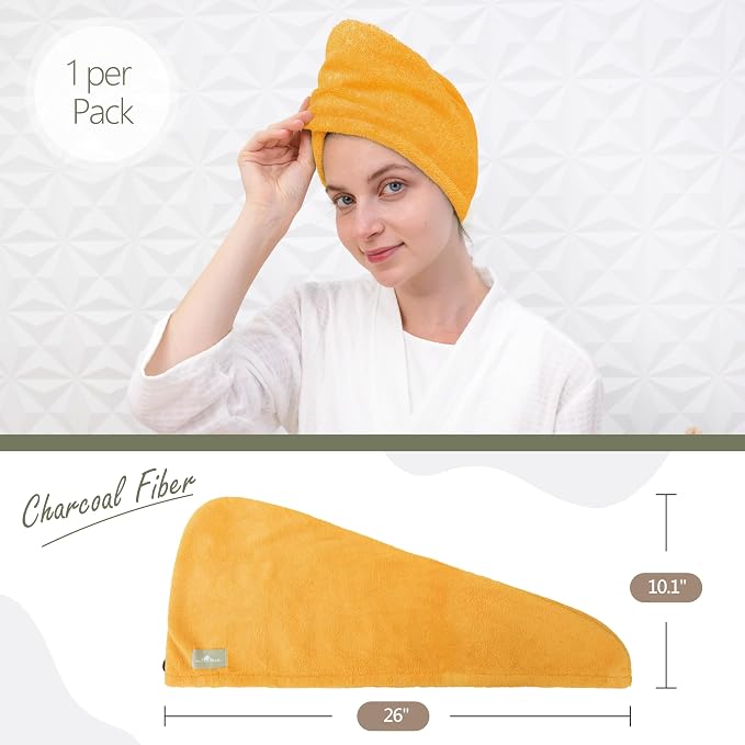 myHomeBody Hair Towel Wrap, Quick Drying Turban, Absorbent Cap – Mango | Hair Turban Towel for wet hair, Ultra Soft Charcoal Fiber Cap, Towel Head Wrap for bathing with Coconut Shell Button