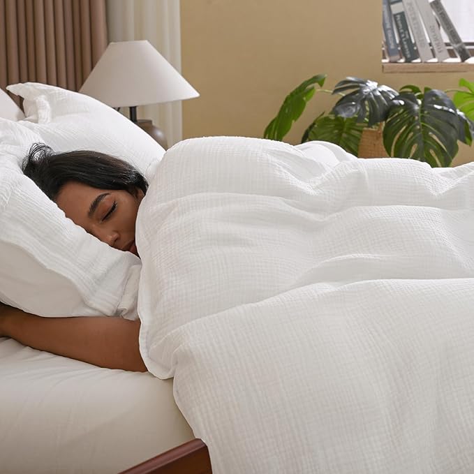 David's Home 100% Cotton Muslin Duvet Cover Set Twin Size,2 Pcs Ultra Soft Breathable & Lightweight Gauze Bedding Set with 1 Pillowcase,Textured Home Decor with Button, 68"×90" White,No Insert