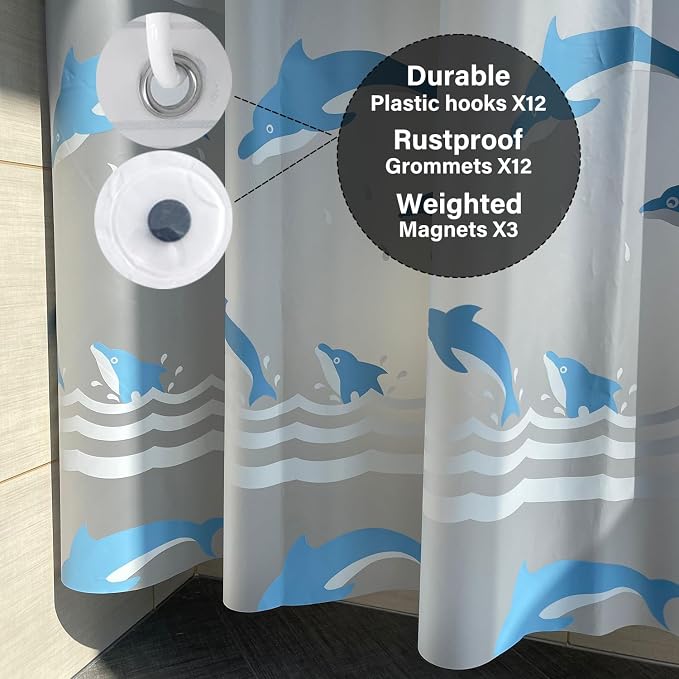 Plastic Shower Liner - Premium EVA 6G Shower Curtain Liner with Rustproof Grommets and 3 Weighted Magnets, Waterproof Shower Curtains for Bathroom (Dolphin, 72" x 78")