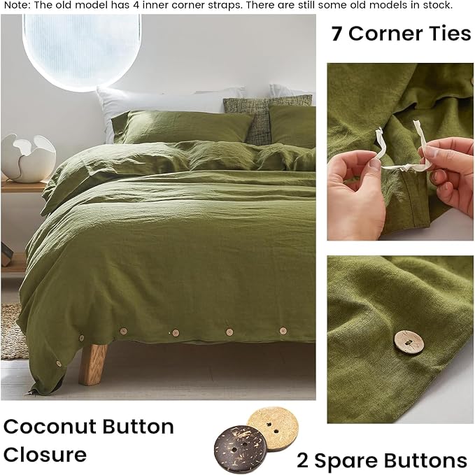 Simple&Opulence 100% Linen Duvet Cover Set 3pcs with Coconut Button Closure Natural French Washed Flax Solid Color Soft Breathable Farmhouse Bedding - Olive Green, King Size