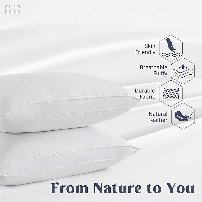 puredown® Goose Feather Down Sleeping Pillow Soft Bed Pillow for Sleeping with 100% Cotton Shell Set of 2 Queen Size