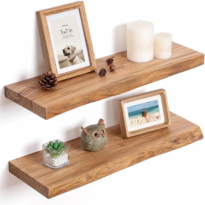 Fun Memories 24Inch Floating Shelves Set of 2, Rustic Solid Elm Wood Live Edge Floating Shelves, Invisible Bracket Mount for Living Room, Kitchen, Bathroom - Natural