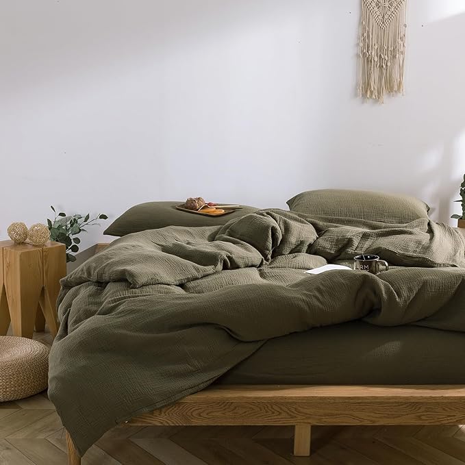 mixinni Olive Green Waffle Weave Duvet Cover Set King, 3-Piece 100% Natural Washed Cotton Triple-Layer Gauze Solid Bedding Set, Soft Breathable Minimalist Comforter Cover with Zipper & Ties-King