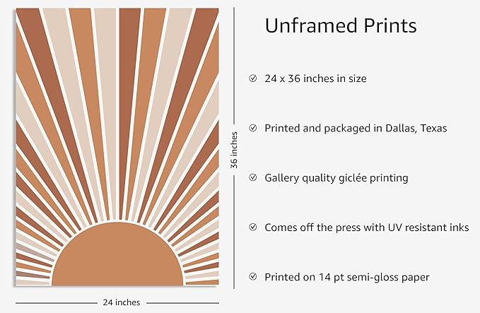 Y2K BOO Boho Rising Sun UNFRAMED Wall Art Sunburst Rays Earth Tones Terracotta Mid Century Modern 24x36 Inch Heavyweight Paper Minimalist Aesthetic Decor