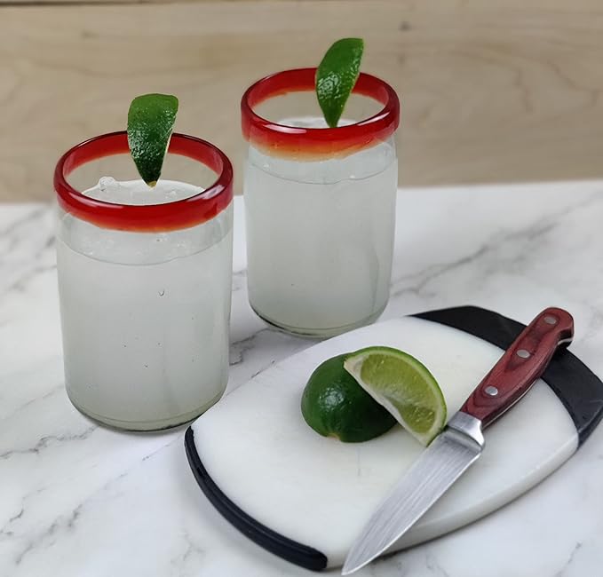 Dos Sueños Hand Blown Mexican Drinking Glasses - Set of 6 Glasses with Red Rims (14 oz each)