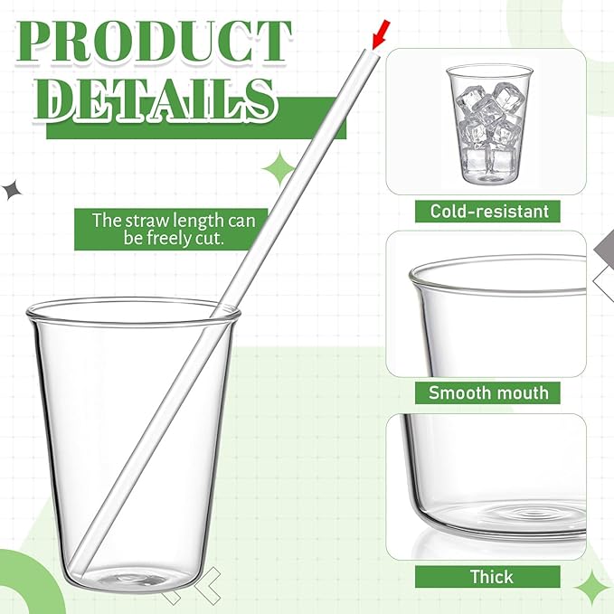 Set of 6 11.8 oz Clear Drinking Glass with Straws 340 ml Iced Tea Beer Cups Heat Resistant Kitchen Glassware for Juice, Beverage, Cocktail, Coffee, Soda