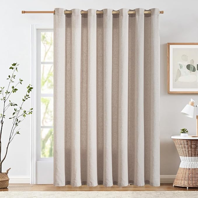 jinchan Linen Curtain Extra Wide 100 Inch Large Window Curtain Light Filtering Semi Sheer for Patio Sliding Glass Door Taupe Farmhouse Rustic Drapes for Living Room Bedroom Sunroom 100x90 Inch