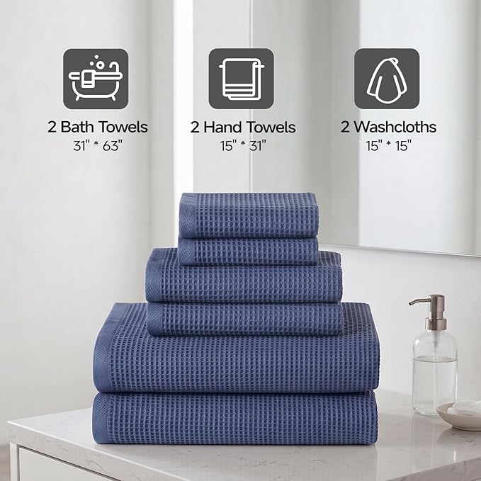 ecolook 6-Piece Waffle Weave Towel Set, 100% Cotton, Lightweight, Absorbent & Quick-Drying, 2 Bath Towels (31×63 in), 2 Hand Towels, 2 Washcloths, Lint-Free for Bathroom, Pool, Gym, Travel - Blue