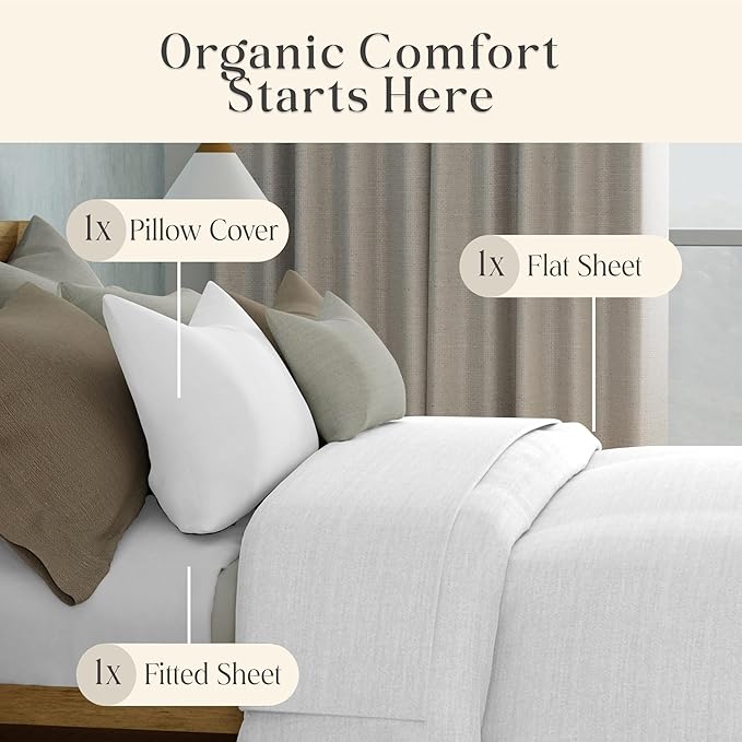 Delilah Home 100% Organic Cotton Twin Bed Sheet Set, GOTS & Vegan.org Verified, Long Stem 300 TC Sateen Bedding, Non-Synthetic, Deep Pocket Fitted Linen, Lightweight, All-Season, 3 Piece Set - White