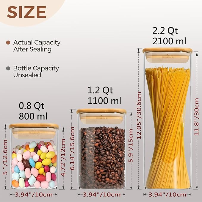 Glass Storage Containers with Lids, Clear Food Storage Container Jar with Sealing Bamboo Lid for Noodles Flour Cereal Rice Sugar Tea Coffee Beans (Square-5Pack)