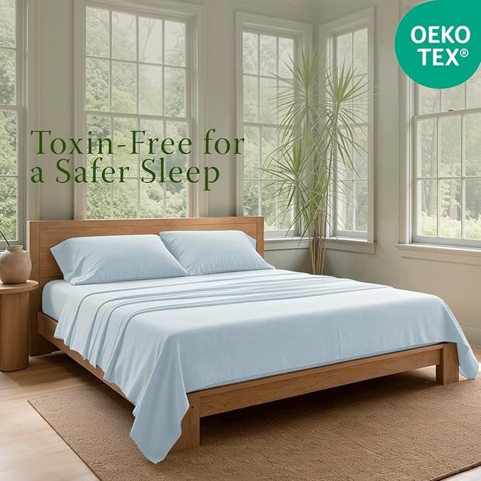 Threadmill 100% Organic Cotton Sheet Set - Full, 4 Piece, Light Blue - GOTS Certified - Lightweight and Cooling Sheets with All-Around Elastic for Fitted Sheet Upto 16" Deep Pocket