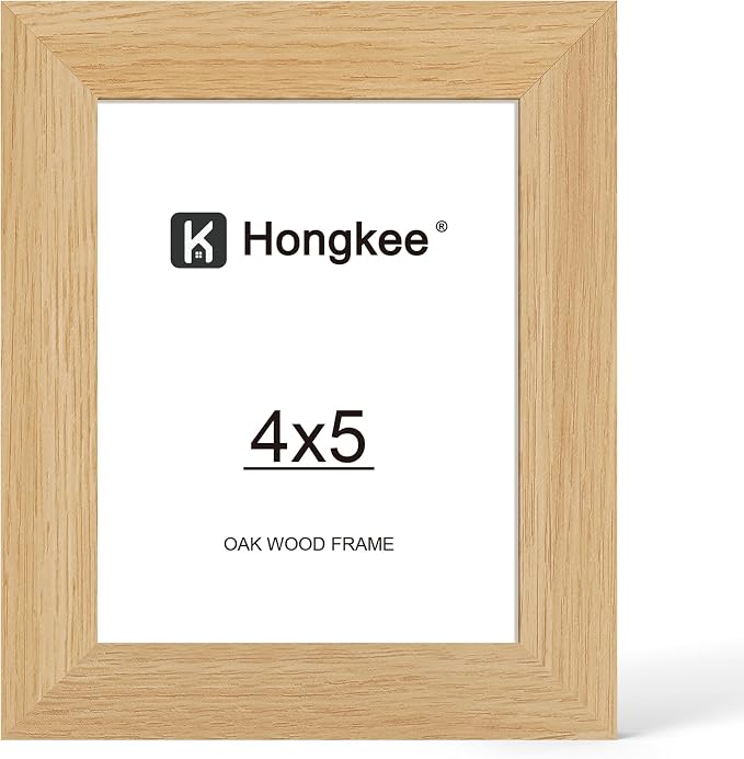 Hongkee 4x5 Oak Wood Picture Frame (1 Pack, Natural) with Real Glass Cover | Solid Wood 4 x 5 Small Frame for Wall or Tabletop Display - Includes Easel Back, Vertical Hang - Ideal for Home, Office