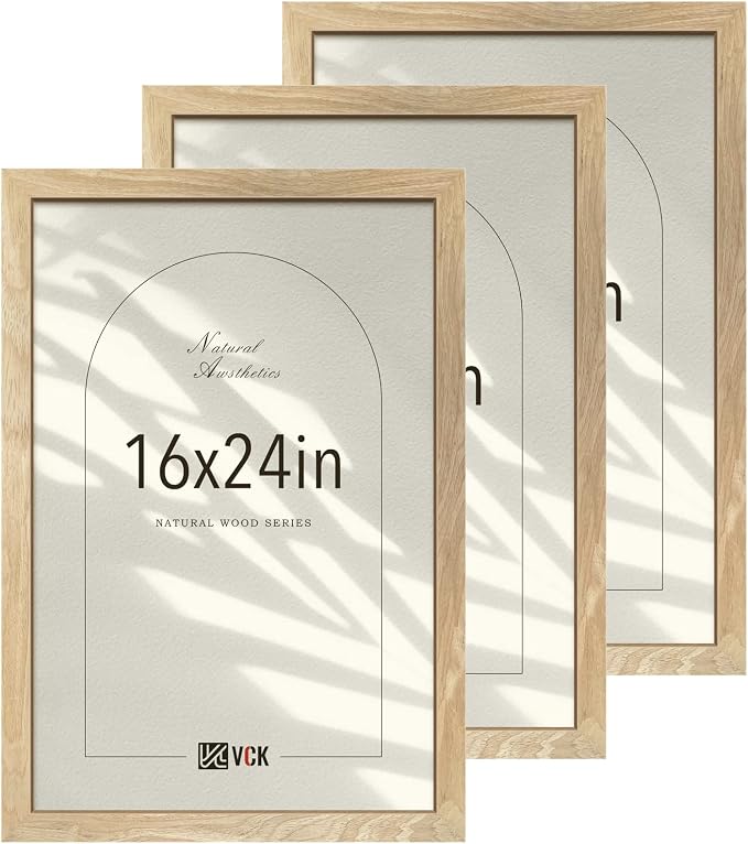 VCK 16x24 Frame Set of 3, Natural Solid Wood Picture Frame with Exclusive Wood Grain, Wall Hanging