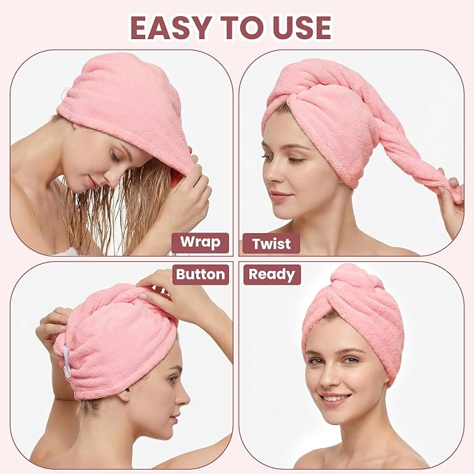 Mandydov 100% Cotton Hair Towel Wrap for Women, 2 Pack Thickened & Super Absorbent Turbans, Anti Frizz Quick Dry Hair Towels (White, Blush)