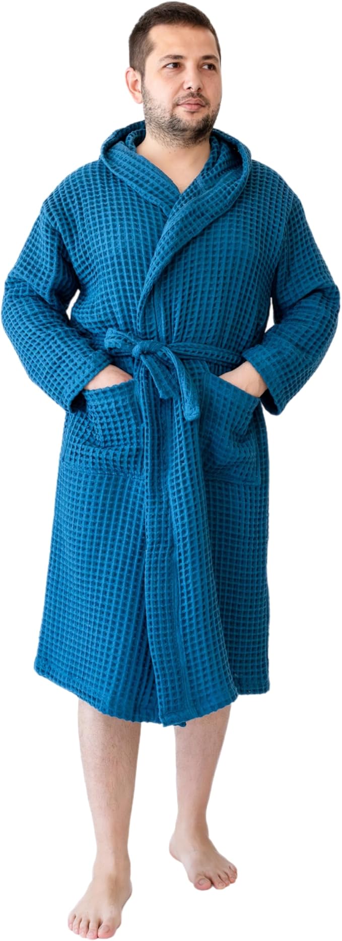 100% Turkish Cotton Men's Waffle Robe with Hooded, Premium Soft Cozy Housecoat or Quick-Dry Bathrobe for Mens