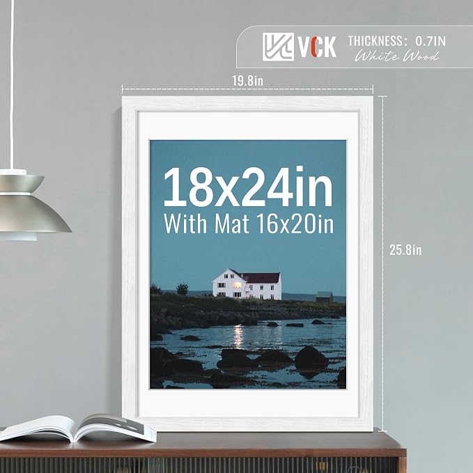 VCK 18x24 Frames White 3 Pack, Wide Border Wood, Display 16x20 Picture Photo with Mat or 18 x 24 without, for Home, Office, Gallery, Woodgrain Series, Wall Hanging