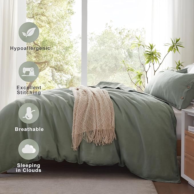 TOSMO 100% Linen Duvet Cover Set with Button Closure, 3 Pieces (1 Duvet Cover with 2 Pillowcases), Soft Breathable Durable Farmhouse Bedding - Full, Sage Green