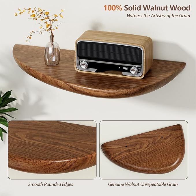 Solid Walnut Floating Shelves for Wall 15.7 Inch Set of 2, Live Edge Wall Mounted Shelf,Rustic Farmhouse Wooden Floating Shelf,Wood Wall Shelves for Bathroom Living Room,Bedroom,Kitchen