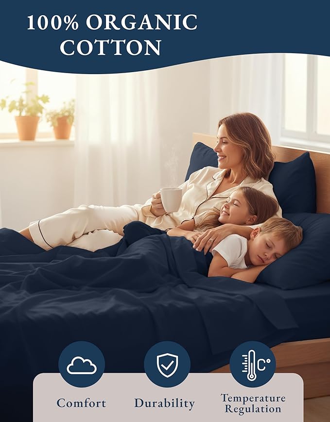 LANE LINEN 100% Organic Cotton Sheets Twin Size, Mercerized Cotton Fully Elasticized Soft & Comfy Bedding Sheets & Pillowcase Set, Good for Dorm Room, Deep Pocket Fully Elasticized Sheet- Navy