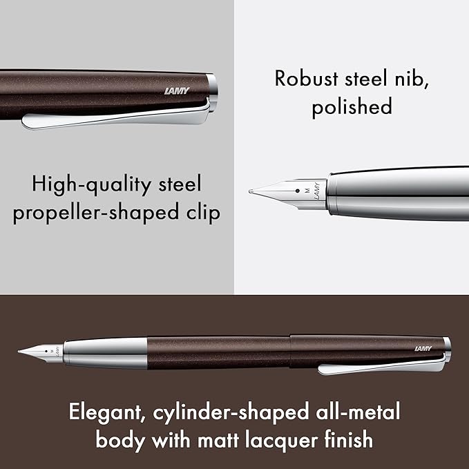 Lamy Studio Premium Fountain Pen 069 Stainless Steel in Shiny Lacquer Finish and Polished Steel Nib Size M Propeller-shaped Clip Including Ink Cartridge T 10 Blue