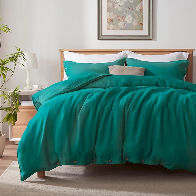 TOSMO 100% Linen King Duvet Cover Set, Luxury French Flax Natural Linen Duvet Cover with Button Closure & Corner Ties, Cooling Breathable Comforter Cover 3 Piece (Teal)