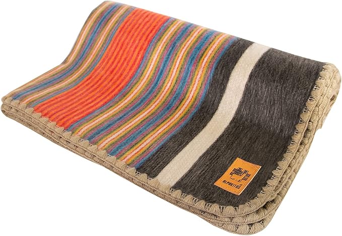ALPAKITAS Alpaca Wool Blanket – Queen Size, 87 x 64 Inches – Warm & Lightweight – Couch, Bed, or Outdoor Blanket – Orange & Blue