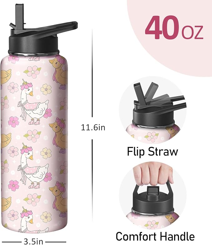 40oz Pink Duck Water Bottle with Handle and Flip Straw, Animal Sports Stainless Steel Insulated Cup Travel Coffee Mug Tumbler, Birthday Mothers Day Chritmas Gifts for Women