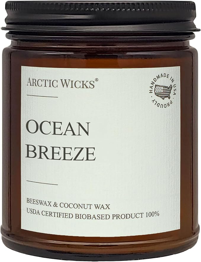 Arctic Wicks Scented Coconut Beeswax Candles | Coconut Beeswax Non Toxic Candle 9oz Amber | Farmhouse Candles Non-Toxic Clean Burn 100% USDA Certified Biobased (Ocean Breeze)