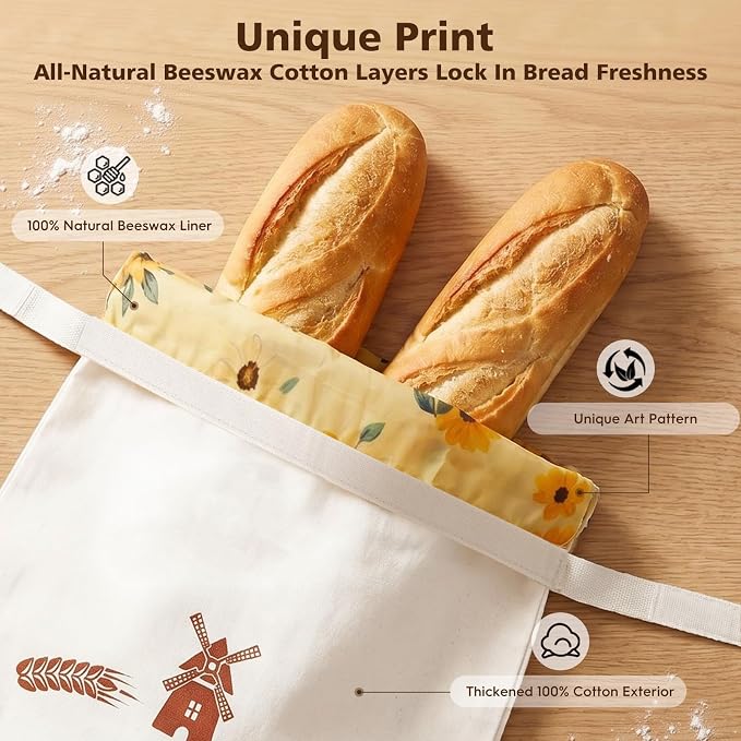 Beeswax Bread Bags with Dual Seal Removable Liner for Homemade Sourdough | 2 Pack XL reusable organic cotton bags with removable easy‑clean printed liner, zipper & hook‑loop seals to keep loaves fresh
