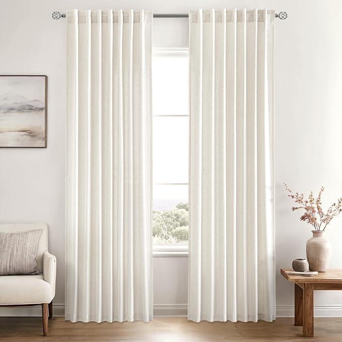 MIULEE Non-See-Through Privacy Linen Curtains 2 Panels, Light Filtering Window Curtains Farmhouse Textured Back Tab Semi Sheer Drapes for Bedroom Living Room, 52 x 95 Inches Long, Natural White