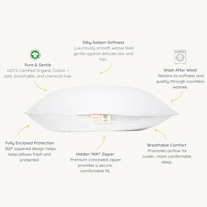 Makemake Organics Organic Pillow Protectors (Set of 2) GOTS Certified Cotton Pillow Cases Zippered Natural Resistant Breathable Safe Non Toxic Fits King Pillows (20x36, Pearl White)